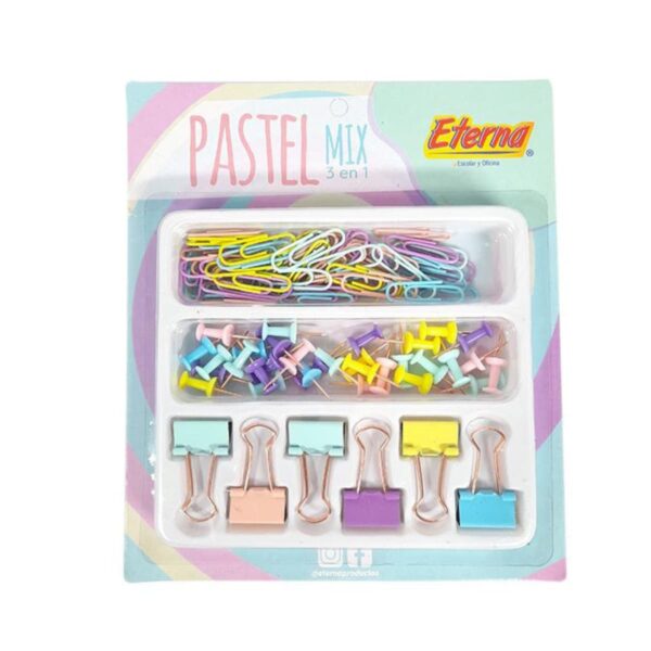 Set 3 en 1 chinchones, ganchos y clips Eterna Pastel